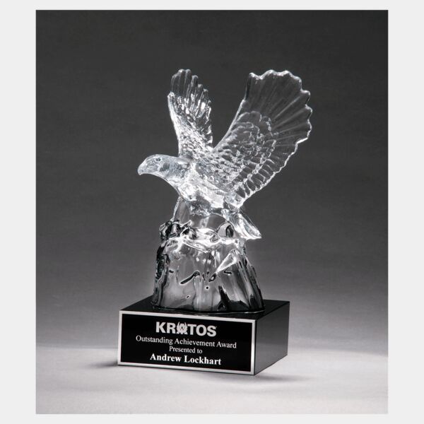 4 1/2" x 9 1/2" Beautiful Carved Crystal Eagle on a Crystal Base with Laserable Aluminum Plate Thumbnail