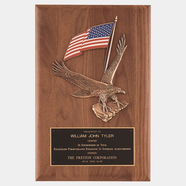 8" x 10 1/2" Solid American Plaque with Finely Detailed Eagle with American Flag Relief and Laserable Brass Plate Thumbnail