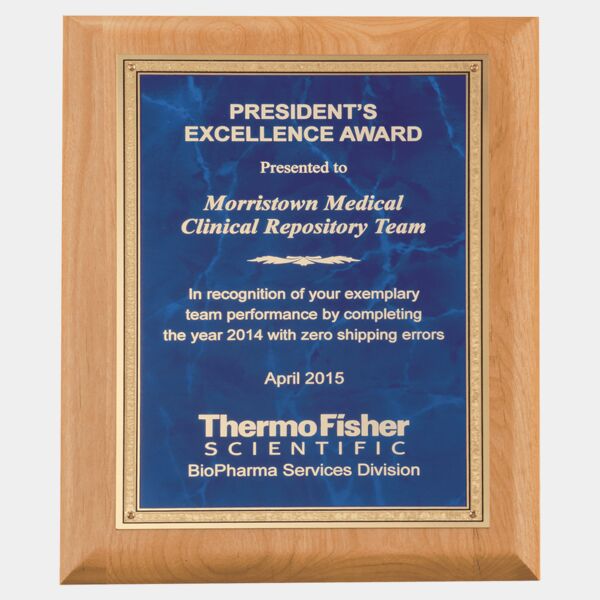 8" x 10" Natural Wood Plaque with Sapphire Marble Florentine Bordered LaserFX Plate Thumbnail