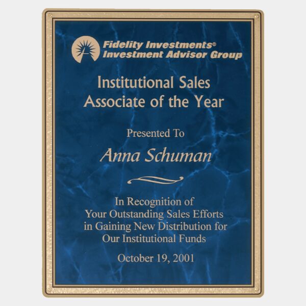 8 3/8" x 10 7/8" Sapphire Marble Brass Plated Steel Plate with Round Corners, Florentine Border and Four Holes Thumbnail