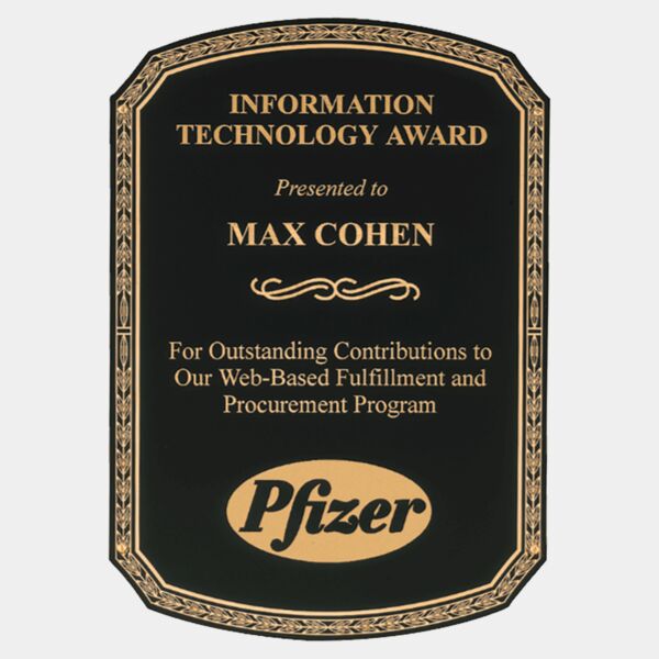 6" x 8 1/2" Laserable Brass Plate with Notched Corners, Rounded Top and Bottom with Leaf Design Border and Four Holes Thumbnail