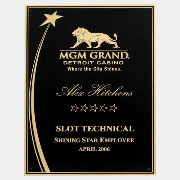 6 1/4" x 8 3/4" Laser Engravable Brass Plated Steel Shooting Star Plate with Florentine Accents and Four Holes Thumbnail