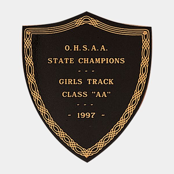 5 1/2" x 6" Laserable Brass Shield Plate with Design Border and Three Holes Thumbnail