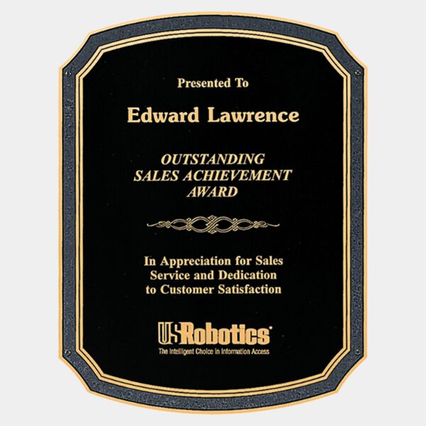 7 1/8" x 10 1/8" Textured Brass Plated Steel Plate with Notched Corners, Rounded Top and Bottom, Florentine Border and Four Holes Thumbnail