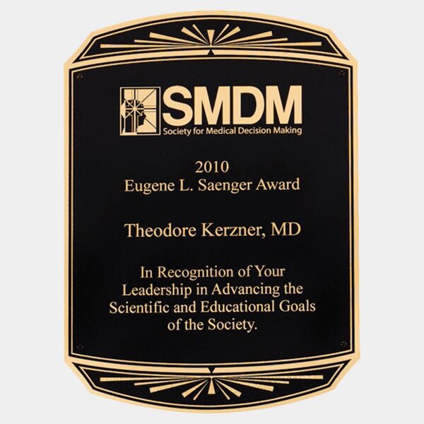 6" x 8 1/2" Laserable Brass Plated Steel Plate with Notched Corners and Rounded Top and Bottom with Starburst Design Thumbnail