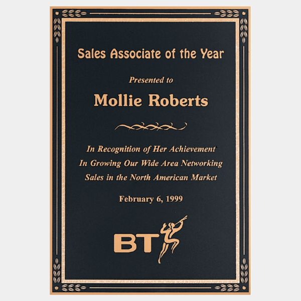 6" x 8" Laser Engravable Brass Plated Steel Plate with Leaf Corner and Florentine Design Border, Four Holes Thumbnail